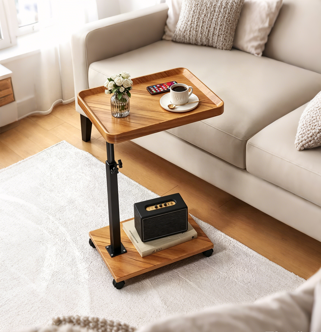 C-Shaped Side Table, Small Couch End Table with Adjustable Height and Swivel Top, TV Tray Desk with Wheels for Living Room, Bedroom