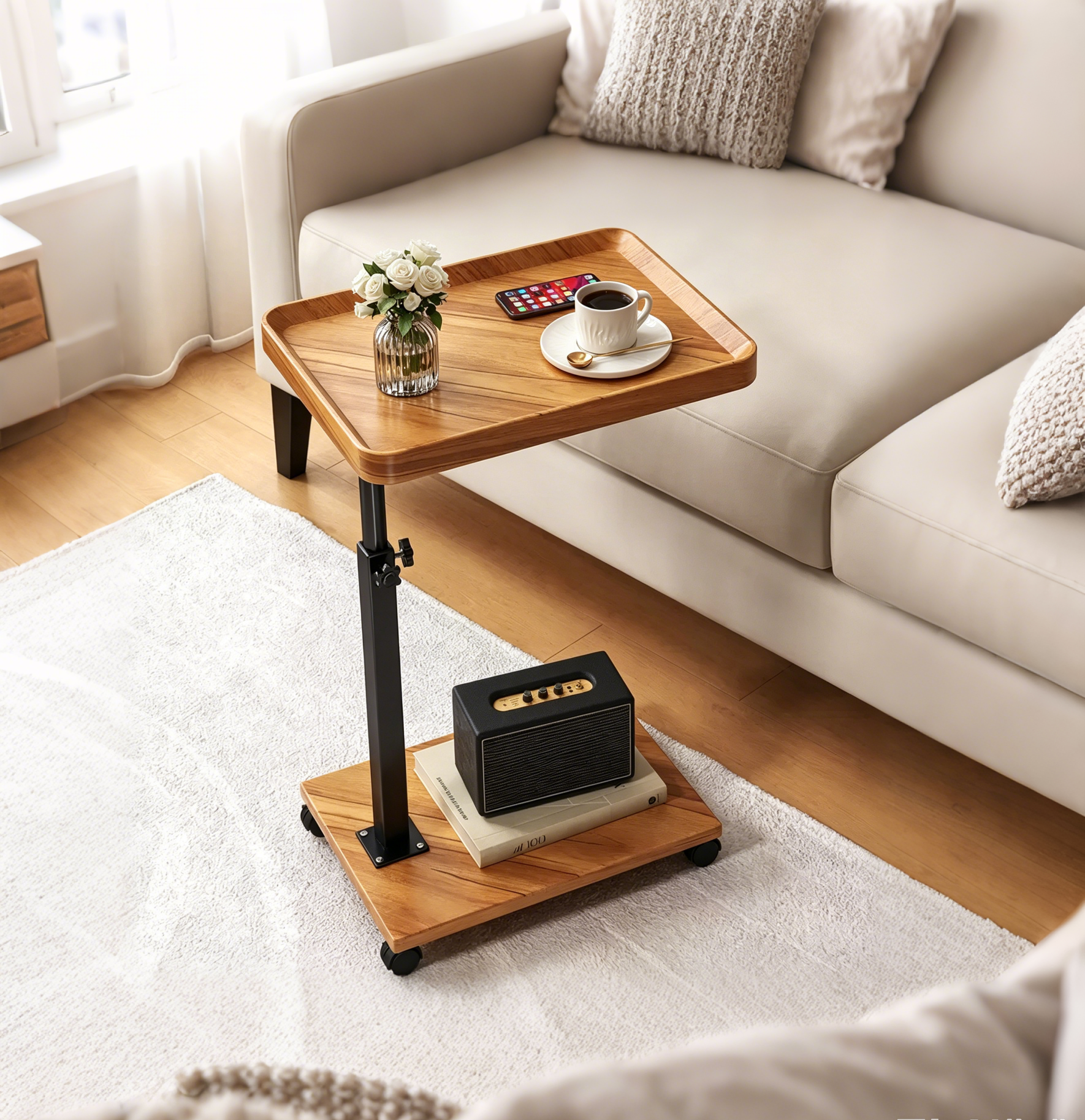 C-Shaped Side Table, Small Couch End Table with Adjustable Height and Swivel Top, TV Tray Desk with Wheels for Living Room, Bedroom