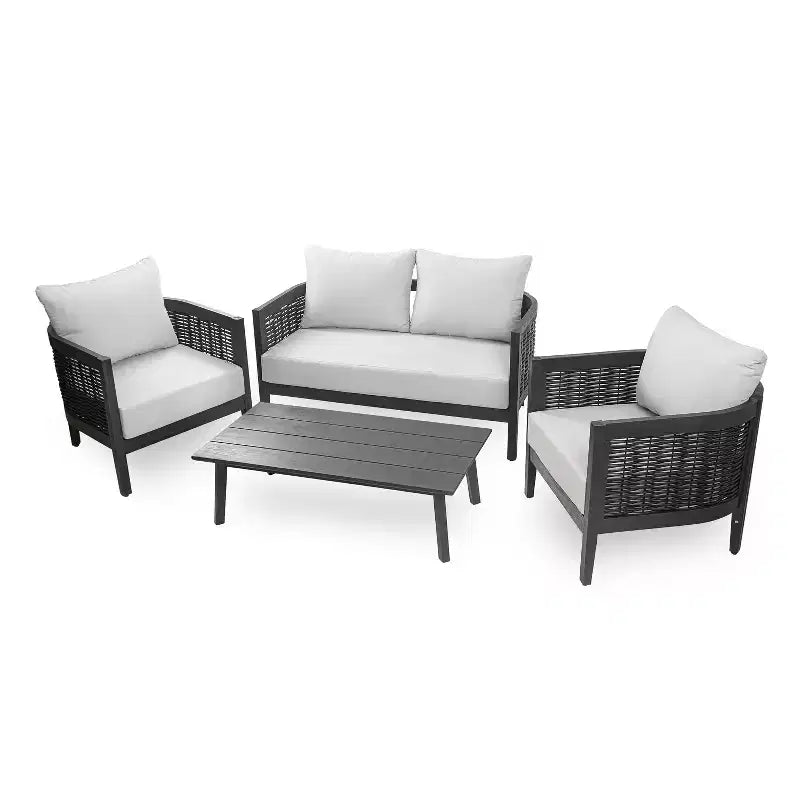 Christopher Knight Home Burchett Ensemble de conversation 4 pièces en bois d'acacia et osier avec coussins