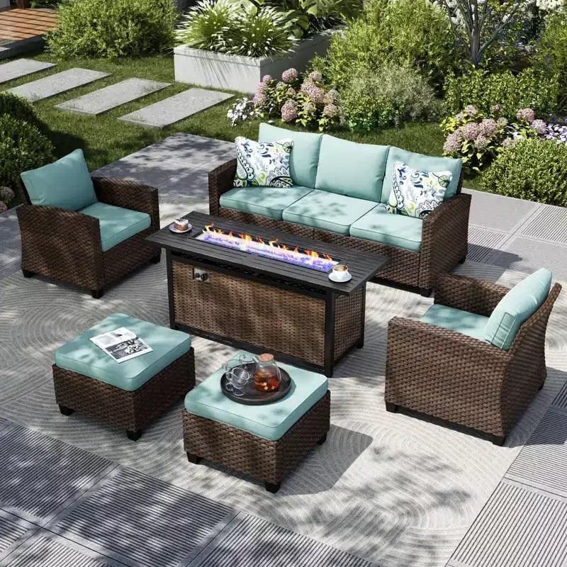 Captiva Designs Salon de jardin 6 pièces en osier et rotin avec foyer, poufs et fauteuils rembourrés
