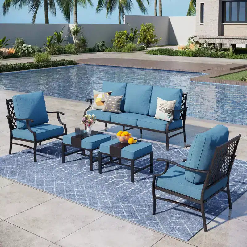 Captiva Designs Salon de conversation d'extérieur 5 pièces en métal avec fauteuils et ottomans à dossier grillagé