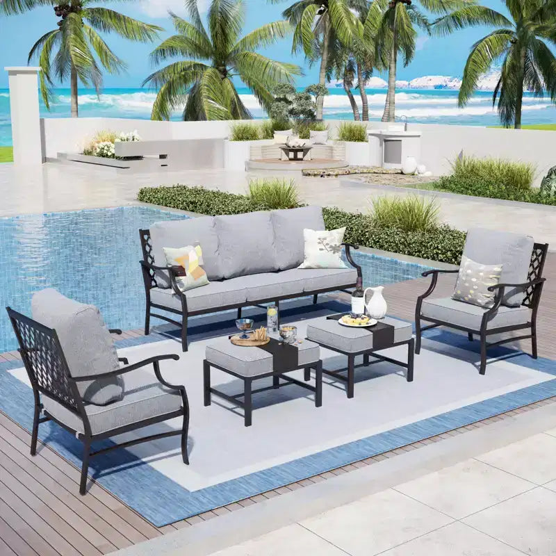 Captiva Designs Salon de conversation d'extérieur 5 pièces en métal avec fauteuils et ottomans à dossier grillagé