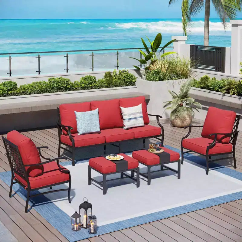 Captiva Designs Salon de conversation d'extérieur 5 pièces en métal avec fauteuils et ottomans à dossier grillagé