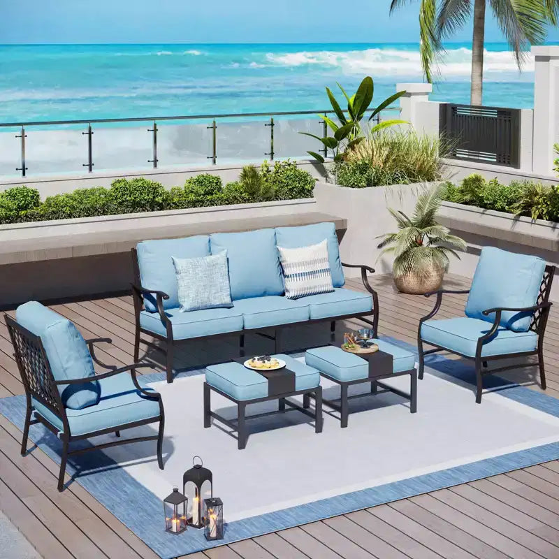 Captiva Designs Salon de conversation d'extérieur 5 pièces en métal avec fauteuils et ottomans à dossier grillagé