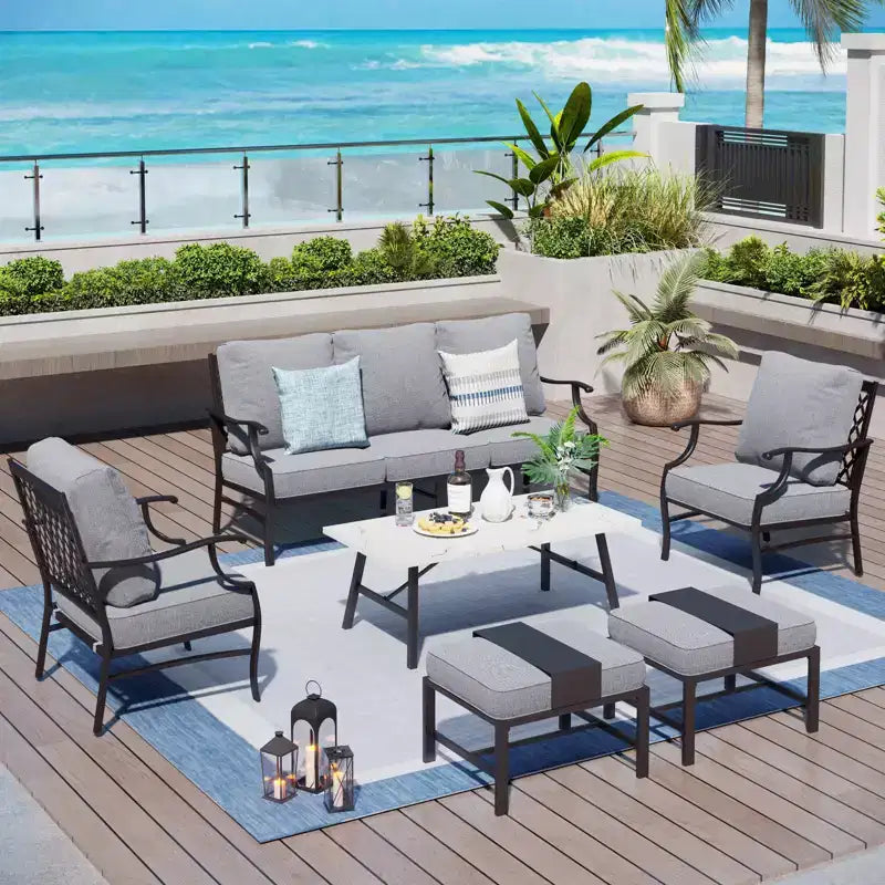 Captiva Designs Ensemble de conversation d'extérieur 6 pièces en métal avec fauteuils à dossier quadrillé, poufs et table basse