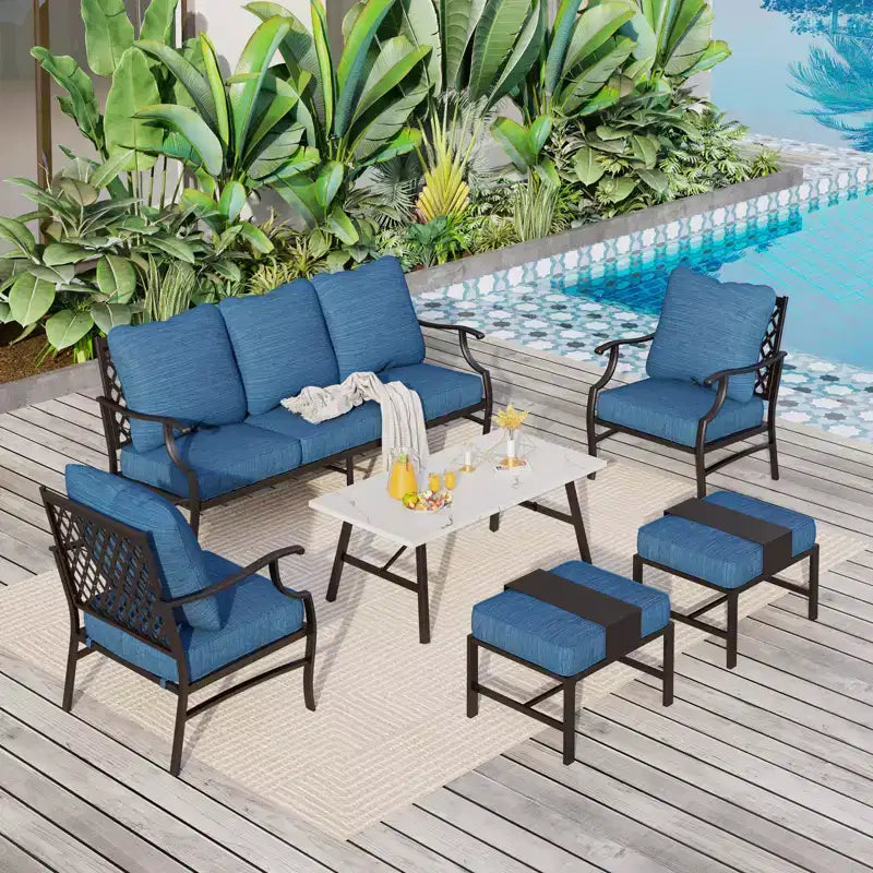 Captiva Designs Ensemble de conversation d'extérieur 6 pièces en métal avec fauteuils à dossier quadrillé, poufs et table basse