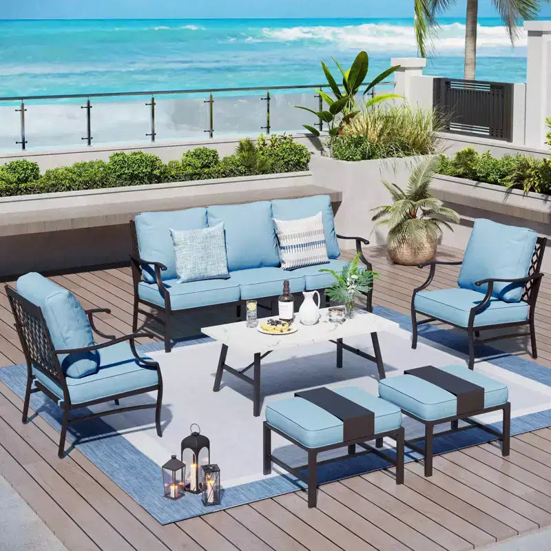 Captiva Designs Ensemble de conversation d'extérieur 6 pièces en métal avec fauteuils à dossier quadrillé, poufs et table basse