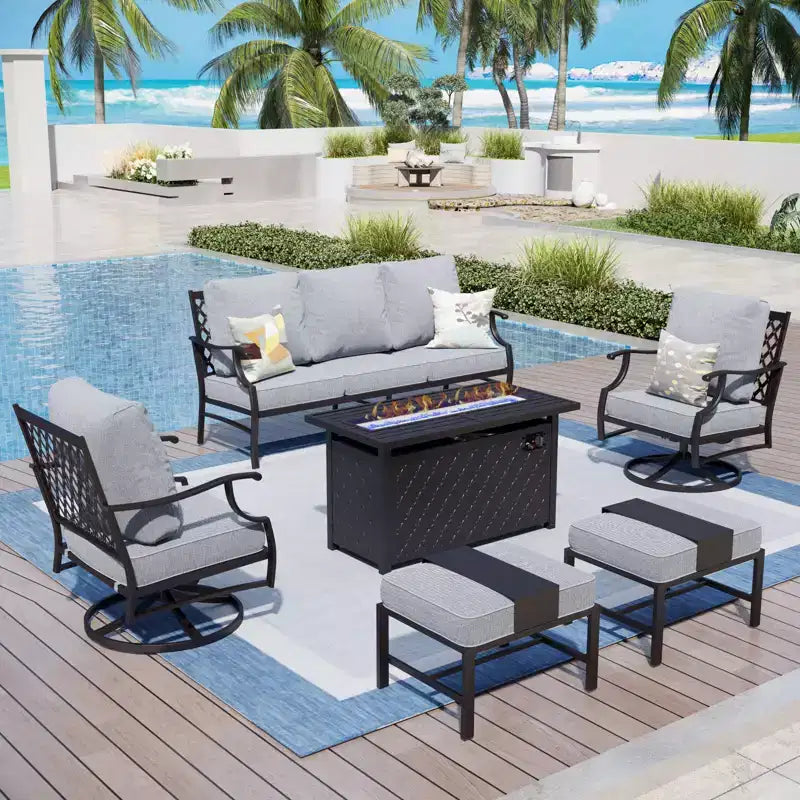 Captiva Designs – Salon de conversation d'extérieur 6 pièces avec braseros, fauteuils pivotants et ottomans