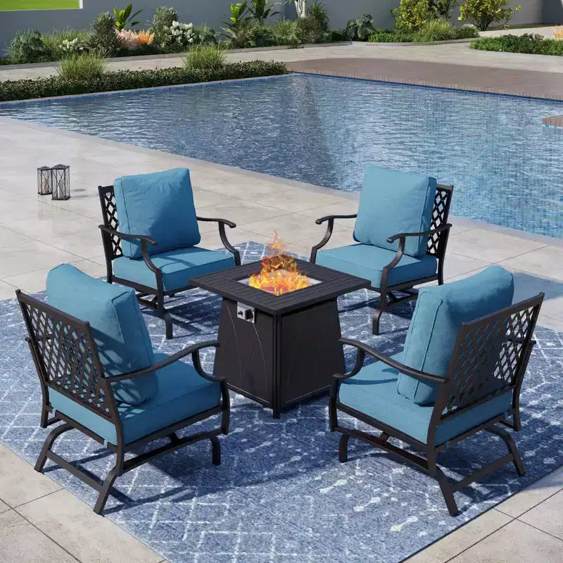 Captiva Designs Ensemble de conversation d'extérieur 5 pièces pour patio avec foyer et fauteuils à bascule à dossier ajouré, pour jardin, bord de piscine, arrière-cour
