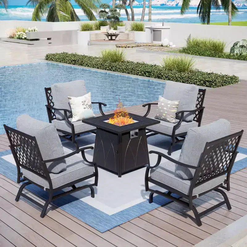 Captiva Designs Ensemble de conversation d'extérieur 5 pièces pour patio avec foyer et fauteuils à bascule à dossier ajouré, pour jardin, bord de piscine, arrière-cour