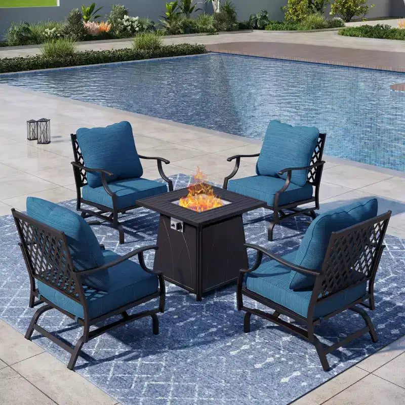 Captiva Designs Ensemble de conversation d'extérieur 5 pièces pour patio avec foyer et fauteuils à bascule à dossier ajouré, pour jardin, bord de piscine, arrière-cour