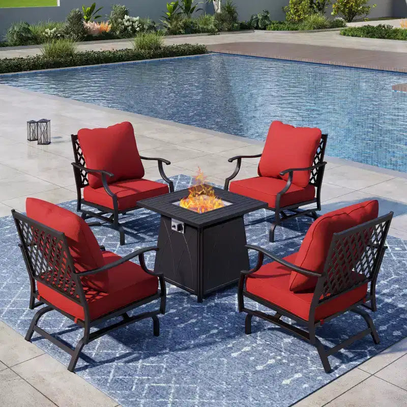 Captiva Designs Ensemble de conversation d'extérieur 5 pièces pour patio avec foyer et fauteuils à bascule à dossier ajouré, pour jardin, bord de piscine, arrière-cour