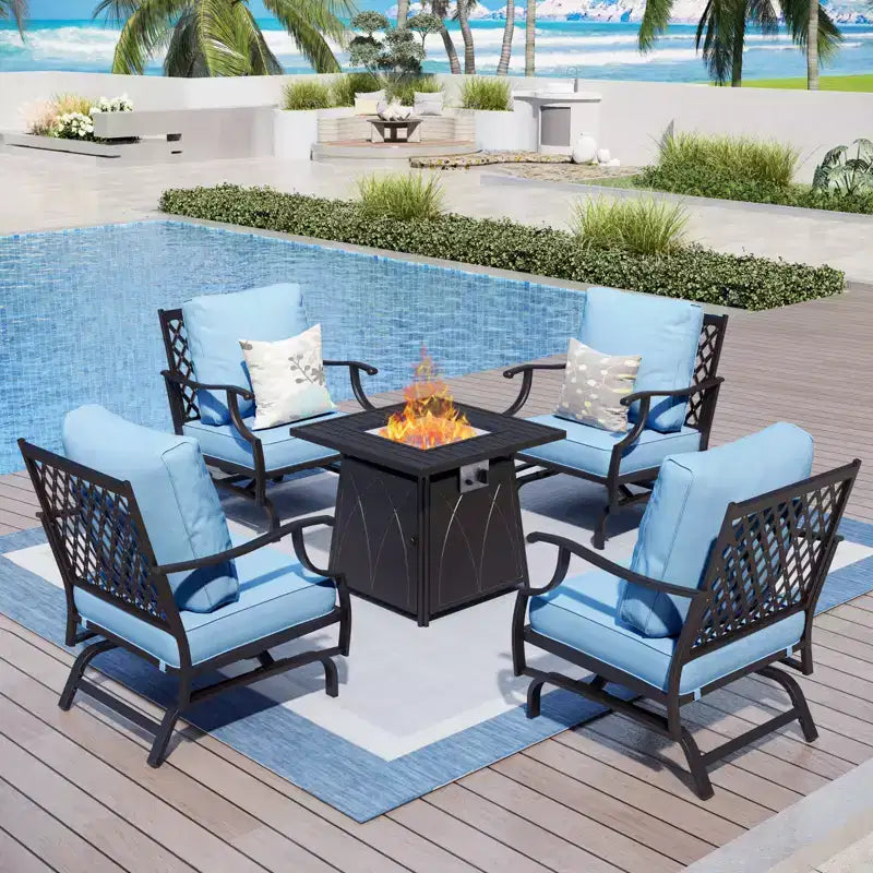 Captiva Designs Ensemble de conversation d'extérieur 5 pièces pour patio avec foyer et fauteuils à bascule à dossier ajouré, pour jardin, bord de piscine, arrière-cour