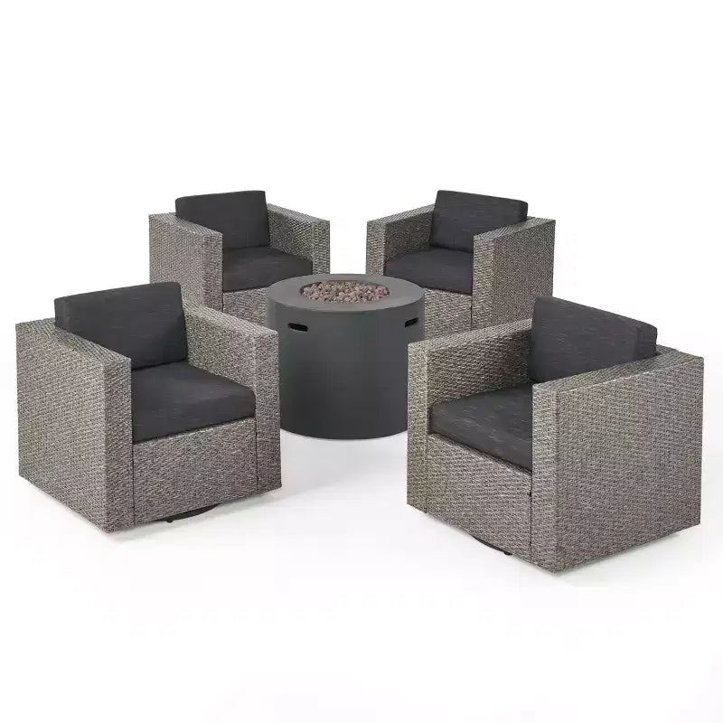 Christopher Knight Home Eli Ensemble de 5 pièces comprenant un fauteuil club pivotant et un foyer extérieur en osier avec coussins