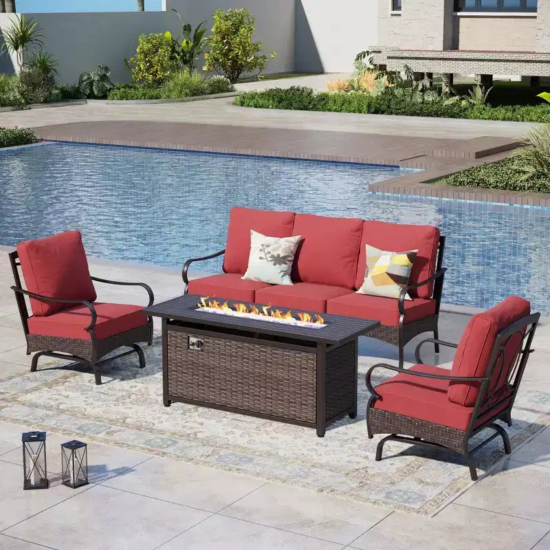 Captiva Designs Ensemble de salon de jardin 4 pièces extra large avec foyer et fauteuils à bascule en métal et rotin