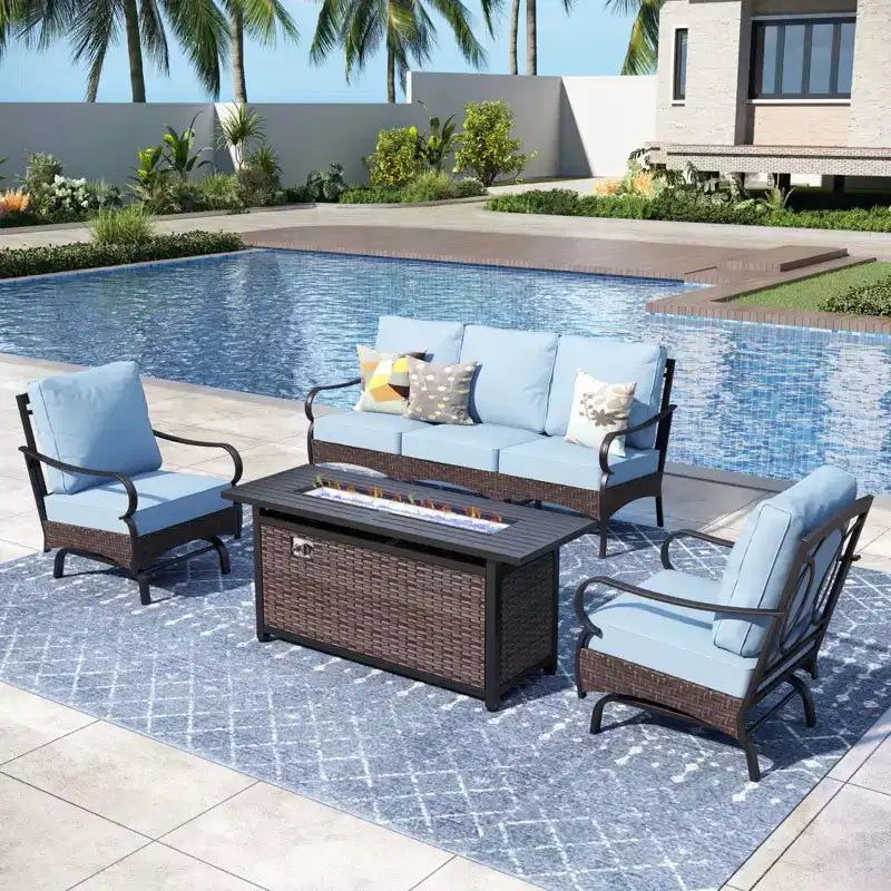 Captiva Designs Ensemble de salon de jardin 4 pièces extra large avec foyer et fauteuils à bascule en métal et rotin