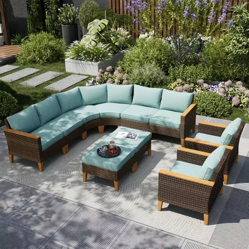 Captiva Designs Salon de jardin demi-lune en rotin et osier 10 pièces avec pouf rembourré