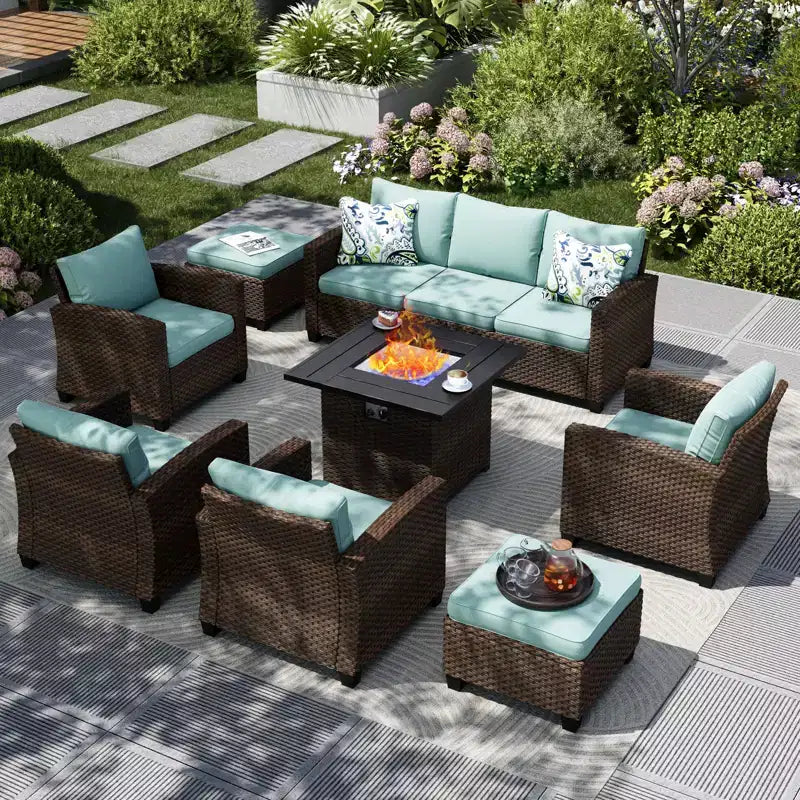 Captiva Designs Salon de jardin 8 pièces en rotin tressé avec coussins, brasero, poufs et fauteuils individuels