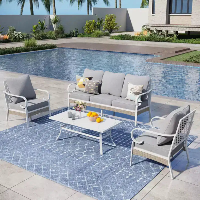 Captiva Designs Ensemble de conversation d'extérieur 4 pièces extra large en métal et rotin avec fauteuils à dossier quadrillé et table