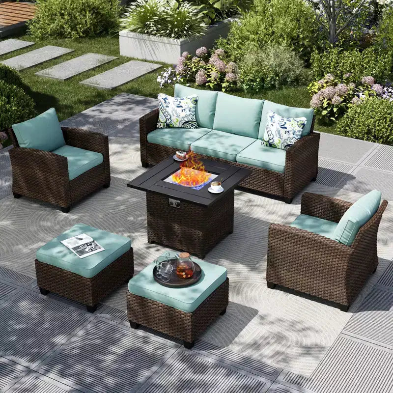 Ensemble de salon de jardin Captiva Designs 6 pièces avec braseros en rotin tressé et poufs et fauteuils individuels rembourrés