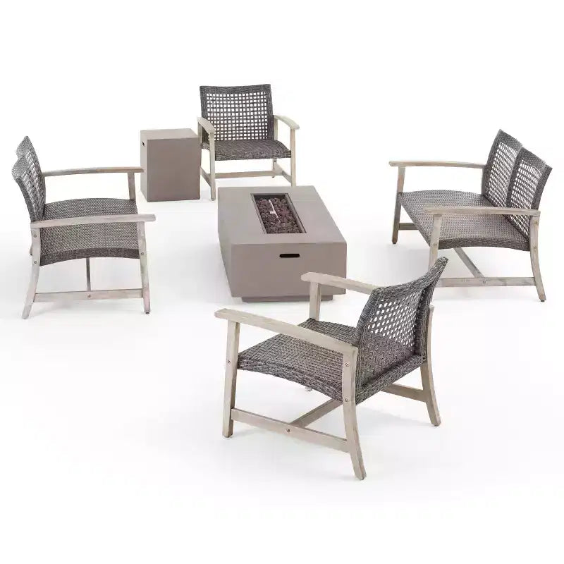 Christopher Knight Home Ensemble de conversation Augusta en bois d'acacia et osier d'extérieur 6 places avec foyer