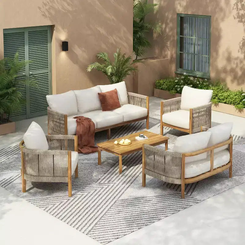 Christopher Knight Home Naveed Ensemble de 5 pièces de salon de jardin en bois d'acacia tressé avec coussins