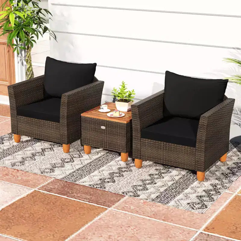 Costway Ensemble de Meubles de Bistro 3 Pièces en Rotin pour Patio Extérieur Table en Bois Canapé Rembourré Gris/Noir/Beige/Bleu Marine