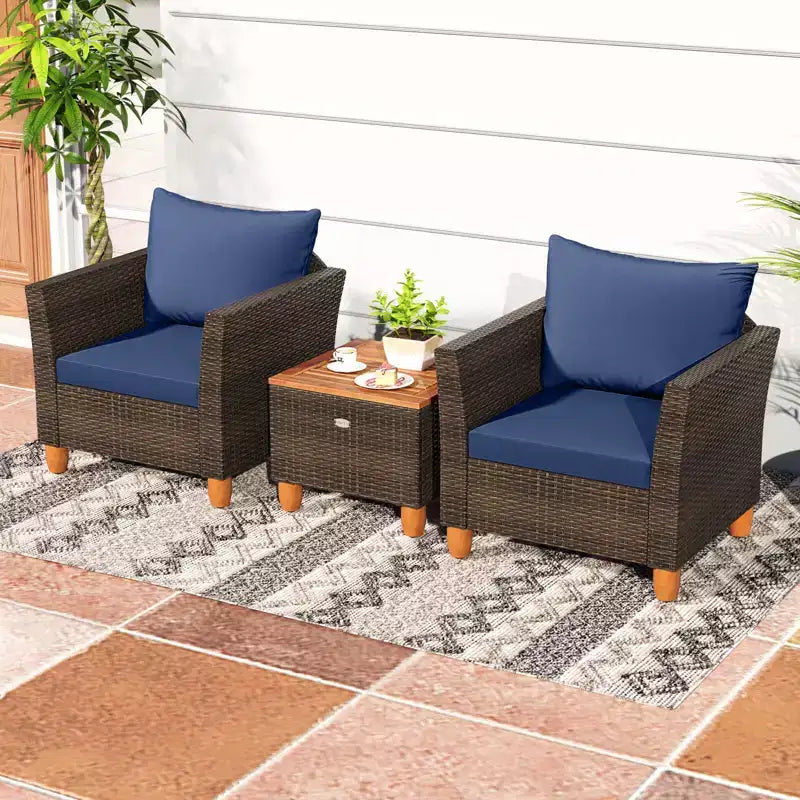 Costway Ensemble de Meubles de Bistro 3 Pièces en Rotin pour Patio Extérieur Table en Bois Canapé Rembourré Gris/Noir/Beige/Bleu Marine