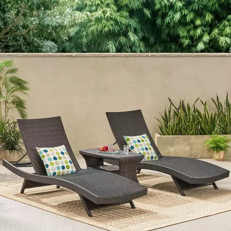 Christopher Knight Home Pacific Ensemble de conversation extérieur 3 pièces en osier avec chaises longues sans accoudodoirs réglables