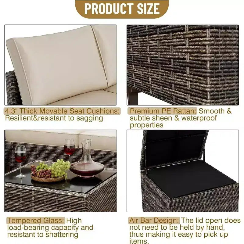 Ensemble de patio extérieur 4 pièces, mobilier sectionnel en rotin osier avec coffre de rangement et table en verre pour la cour arrière