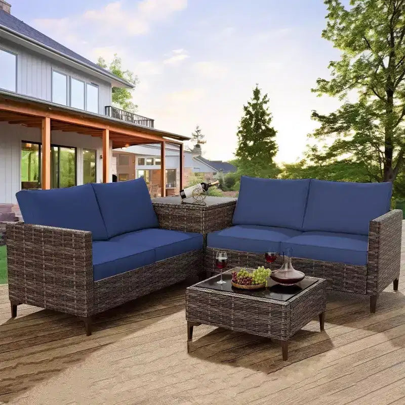 Ensemble de patio extérieur 4 pièces, mobilier sectionnel en rotin osier avec coffre de rangement et table en verre pour la cour arrière