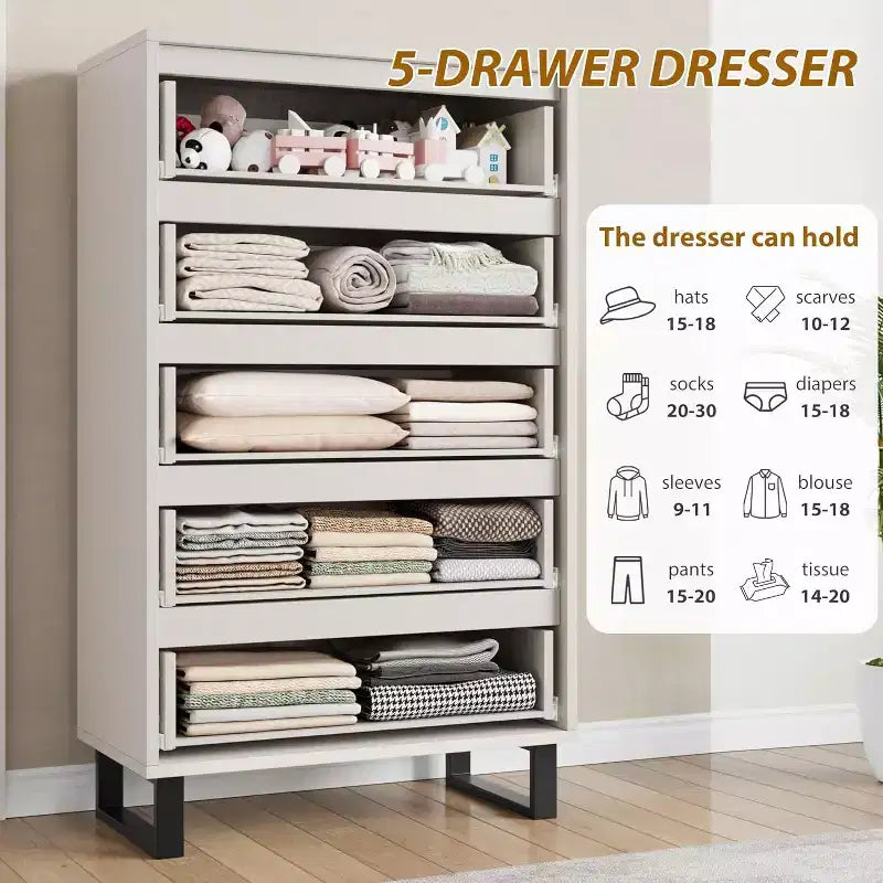 35.4-inch Five-Drawer Dresser, PB+MDF+Metal Material, Five-Drawer Storage, Adjustable Height, Modern-Simple & Rustic Style
