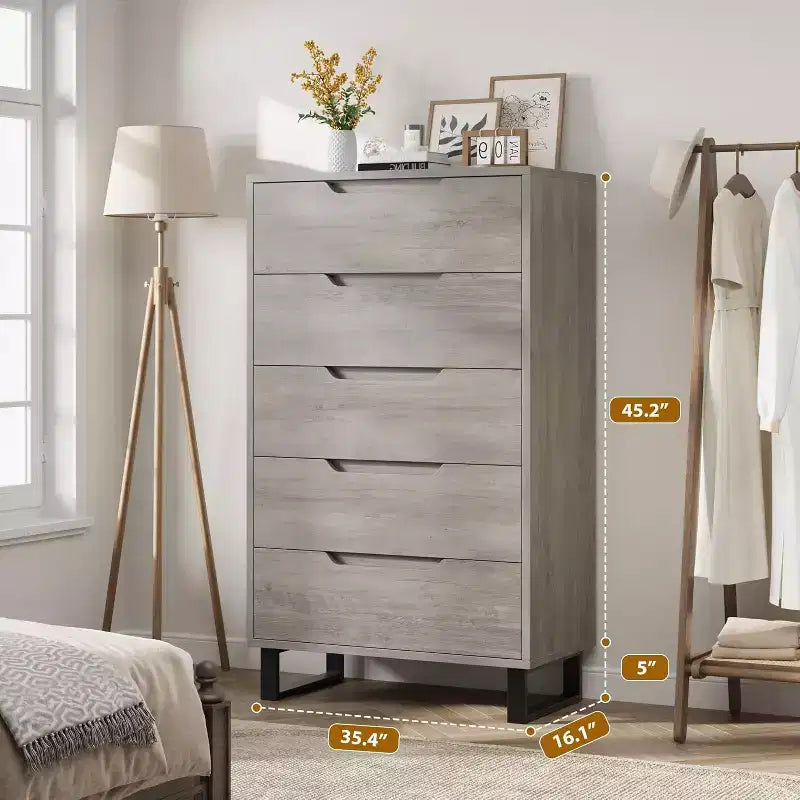 35.4-inch Five-Drawer Dresser, PB+MDF+Metal Material, Five-Drawer Storage, Adjustable Height, Modern-Simple & Rustic Style