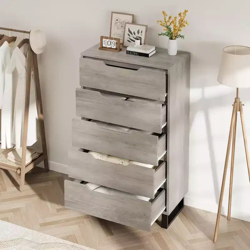 35.4-inch Five-Drawer Dresser, PB+MDF+Metal Material, Five-Drawer Storage, Adjustable Height, Modern-Simple & Rustic Style