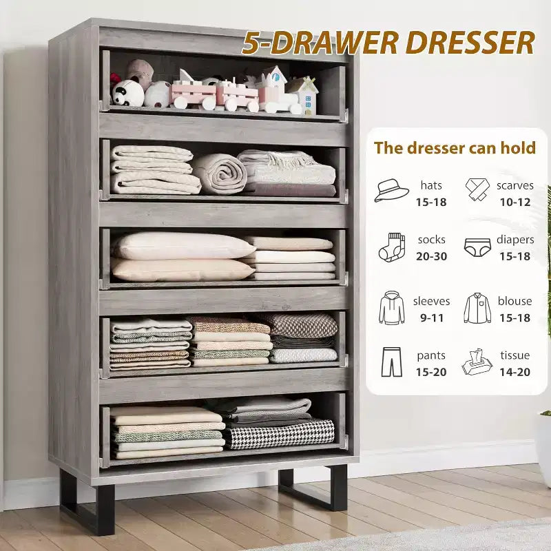 35.4-inch Five-Drawer Dresser, PB+MDF+Metal Material, Five-Drawer Storage, Adjustable Height, Modern-Simple & Rustic Style