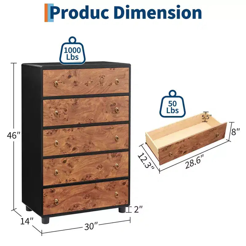 5-7 Drawers Dresser, Modern Chest of Drawers with Natural Texture, Curved Profile Design, TV Stand, Natural Oak