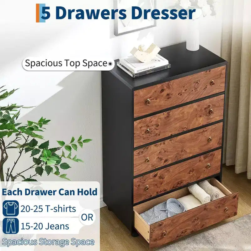 5-7 Drawers Dresser, Modern Chest of Drawers with Natural Texture, Curved Profile Design, TV Stand, Natural Oak