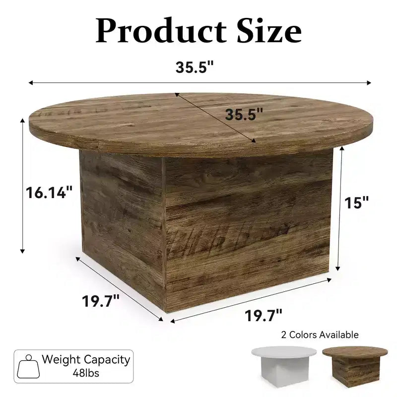 35-Inch Round Engineered Wood Coffee Table for Living Room, Mid-Century Modern, White