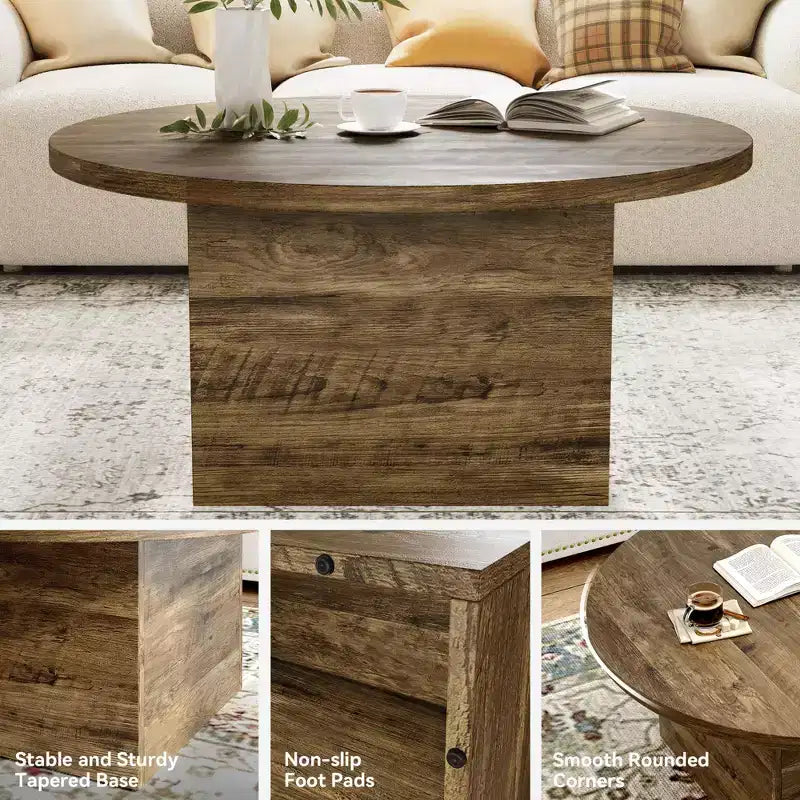 35-Inch Round Engineered Wood Coffee Table for Living Room, Mid-Century Modern, White