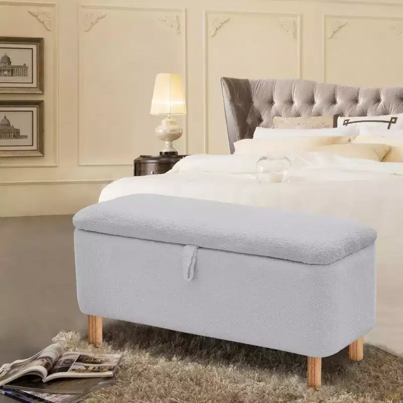 Pull-Open Top Boucle Ottoman Bench with Storage, Upholstered Storage Ottoman for Bedroom and Entrance