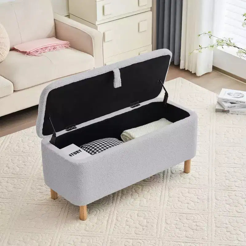 Pull-Open Top Boucle Ottoman Bench with Storage, Upholstered Storage Ottoman for Bedroom and Entrance