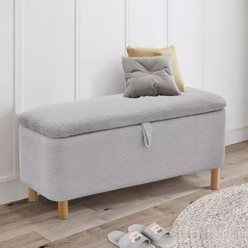 Pull-Open Top Boucle Ottoman Bench with Storage, Upholstered Storage Ottoman for Bedroom and Entrance