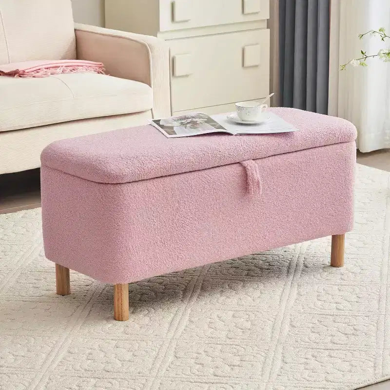 Pull-Open Top Boucle Ottoman Bench with Storage, Upholstered Storage Ottoman for Bedroom and Entrance