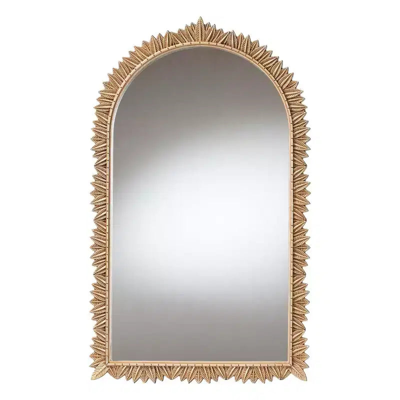 Antique Gold Finished Wood Arch Accent Wall Mirror with Carved Leaf Border