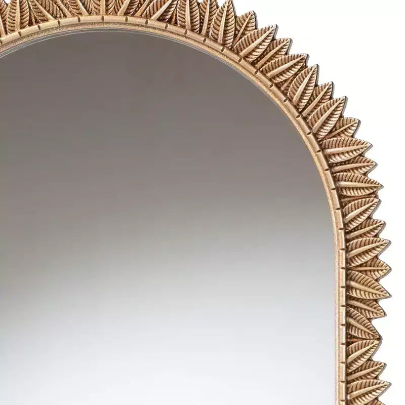 Antique Gold Finished Wood Arch Accent Wall Mirror with Carved Leaf Border