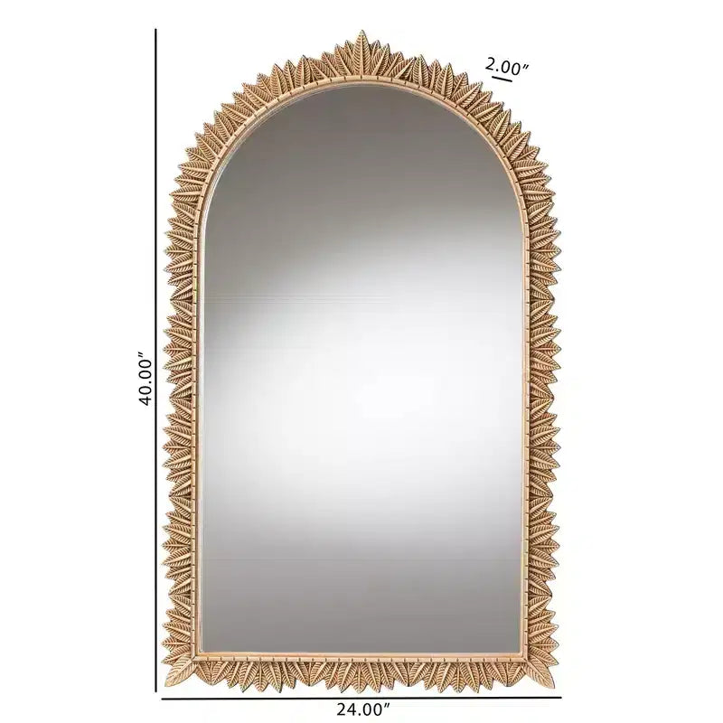 Antique Gold Finished Wood Arch Accent Wall Mirror with Carved Leaf Border