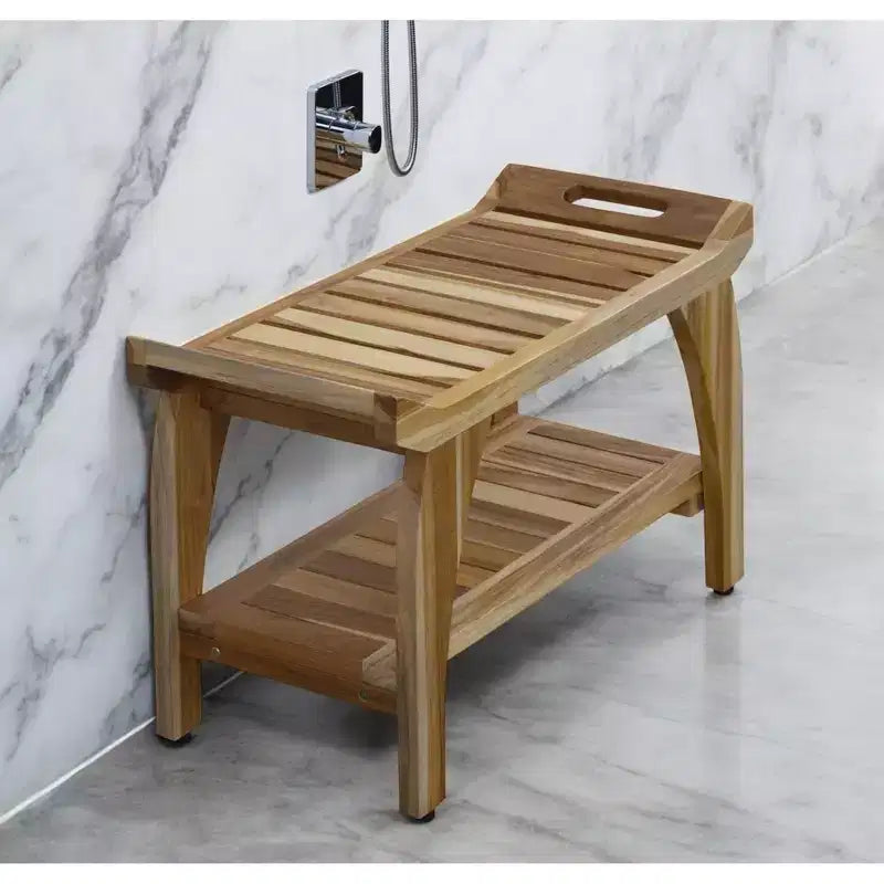 29" Teak Rectangular Shower Bench with Handles in Natural Finish