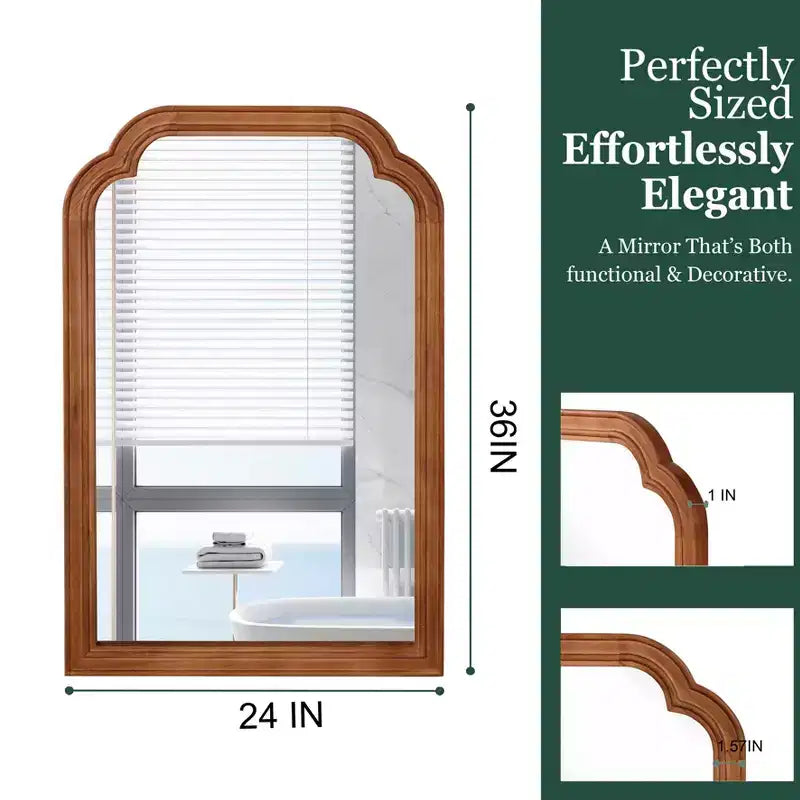 24 x 36 Solid Wood Frame Rounded Corner Decorative Mirror for Bedroom, Bathroom, Living Room, Yellowish Brown