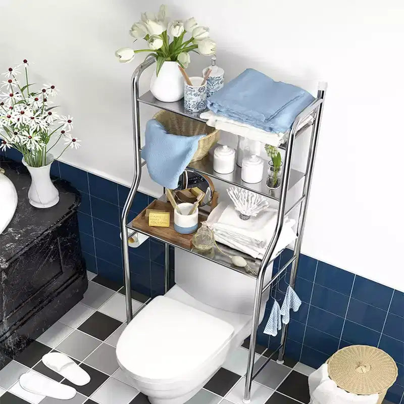 Over The Toilet Storage Cabinet, Metal Bathroom Organizer with Paper Holder & Hooks, No Drill Floor Standing, White