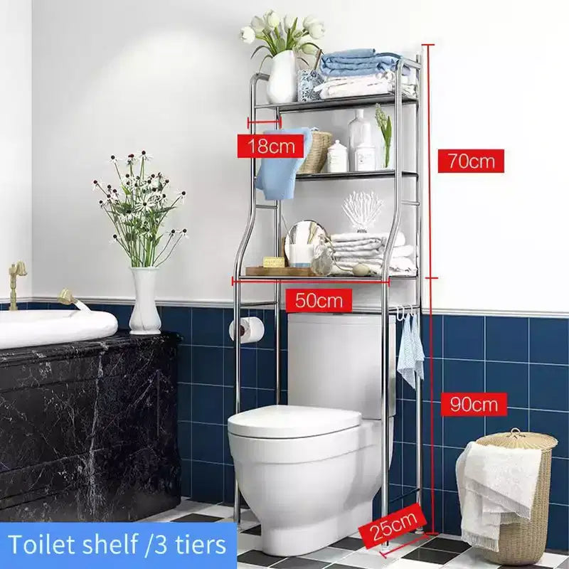 Over The Toilet Storage Cabinet, Metal Bathroom Organizer with Paper Holder & Hooks, No Drill Floor Standing, White